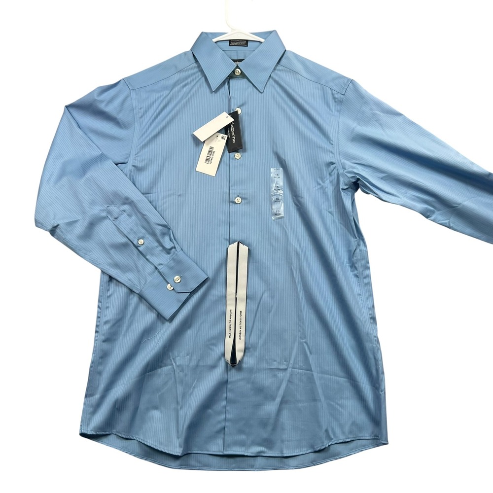 Claiborne Dress Shirt Mens 15 32/33 Blue Easy Care Stripe Long Sleeve Button Up